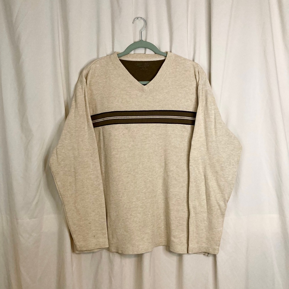 Cherokee Mens V-Neck Ribbed Long Sleeve Shirt Beige Striped Size L 100% Cotton